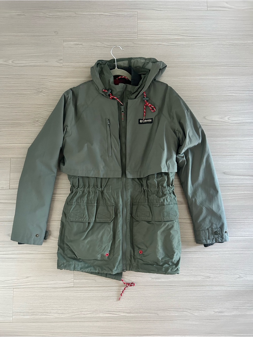 Columbia Olive Hooded Cinch-Waist Puffer Coat with Red Accents